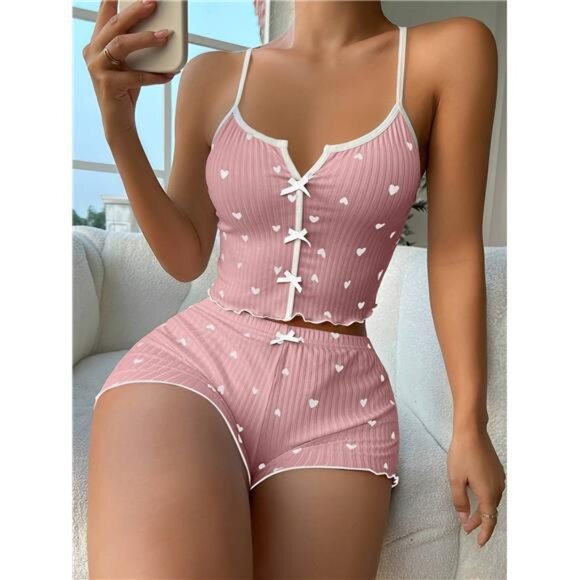 Women's Heart Print Frill Trim Sexy Ribbed Pajama Set, Bow Decor Notched Neck - Picture 1 of 6